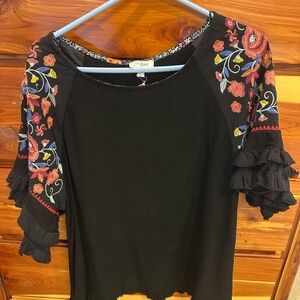 Umgee Black Top with Colorful Floral Embroidery